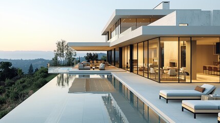 Fototapeta premium Modern luxury villa with infinity pool overlooking hills at sunset