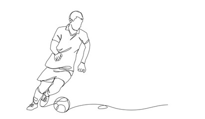 continuous line drawing of soccer player shooting vector illustration. Single one line art of young man playing soccer ball template.