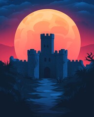 Fototapeta premium A mystical castle silhouette against a large moon, surrounded by dark clouds and foliage, evoking an enchanting atmosphere.