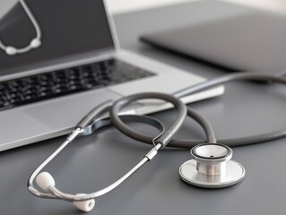Close-up of a stethoscope on a desk with a laptop, symbolizing modern healthcare and technology in medical practice.