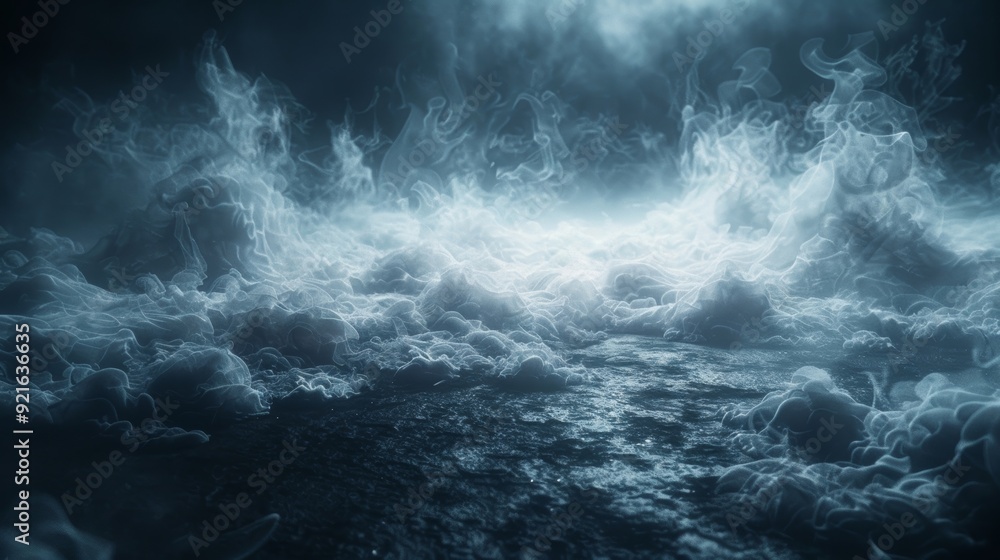 Poster mysterious fog enveloping a dark surface at dawn creating an ethereal atmosphere