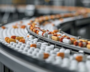 Obraz premium Close-up of colorful capsules and tablets on a production conveyor belt in a pharmaceutical manufacturing facility.