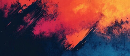 Abstract background with blurred colors, grainy texture and gradient in orange, red, blue and black colors.