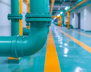 Close-up of industrial pipes with vibrant colors in a modern facility, showcasing clean lines and efficient design.