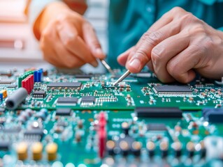 Fototapeta premium Close-up of hands expertly assembling a circuit board with precise tools, showcasing technology and craftsmanship.