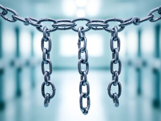 Obraz premium Close-up of metal chains hanging against a blurred background, symbolizing strength, security, and connection.