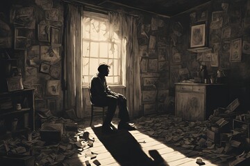 A person sitting alone in a dimly lit room, surrounded by shadows that represent their overwhelming thoughts. Anxiety. Depression. Sad. 