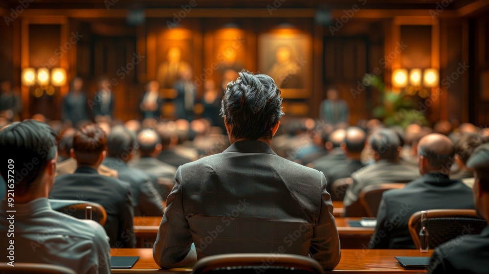 Poster a formal meeting in a grand hall with attendees listening intently and a speaker addressing the grou