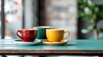 Fototapeta premium Colorful coffee cups on a table, perfect for showcasing a cozy cafe atmosphere and enjoying warm beverages.