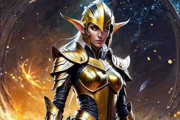 Fototapeta premium A woman in a gold and black outfit stands in front of a blue planet