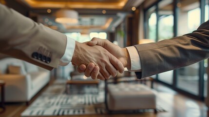 Business professionals shaking hands in a modern office lounge during a meeting