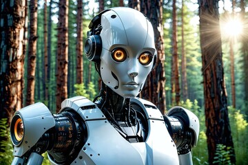 Fototapeta premium A robot is standing in a forest with its arms outstretched