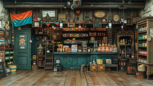 Vintage General Store Interior With Rustic Wooden Shelves and Decor