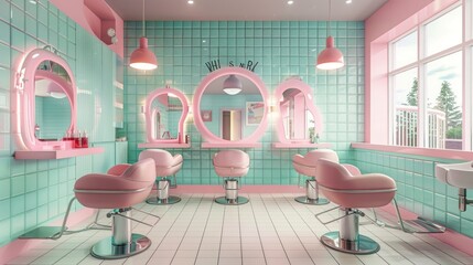 Pink and Green Salon Interior with Retro Style