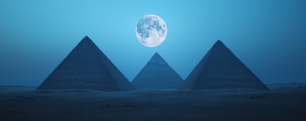 Majestic pyramids under a full moon, creating an enchanting atmosphere of mystery and ancient wonder in the desert landscape.