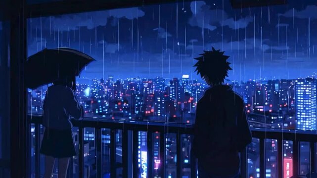 Sad lofi boy view the raining in night