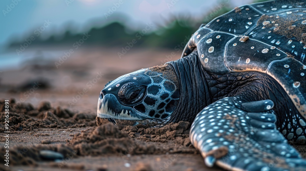 Poster sea turtle resting on sandy beach with blurred background and distinct shell patterns