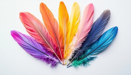 Colorful feathers arranged in a fan shape on a white background.