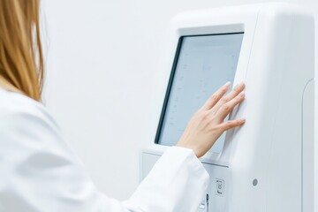 Woman using a touchscreen medical device in a sterile healthcare environment focused on modern technology.