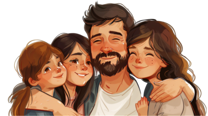 cartoon Father gently hugs his children and wife