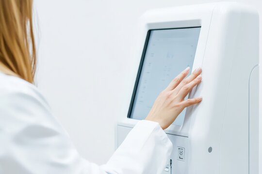 Woman using a touchscreen medical device in a sterile healthcare environment focused on modern technology.