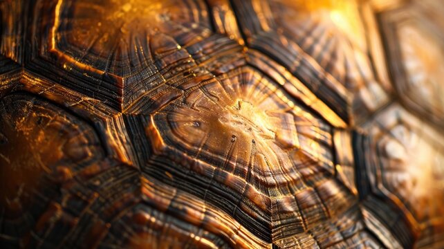 Close-up of tortoise shell with intricate patterns and warm lighting