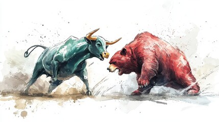 Green bull charging, red bear clashing, intense stock market battle, dynamic movement, Watercolor style