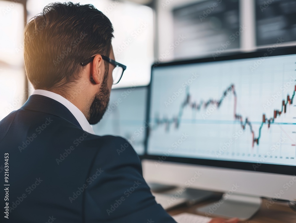 Poster professional man analyzing financial data on a computer screen in modern office. graphs display mark