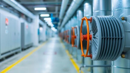 Fototapeta premium Industrial piping in a facility with valves and machinery, showcasing modern engineering and efficient workflow.