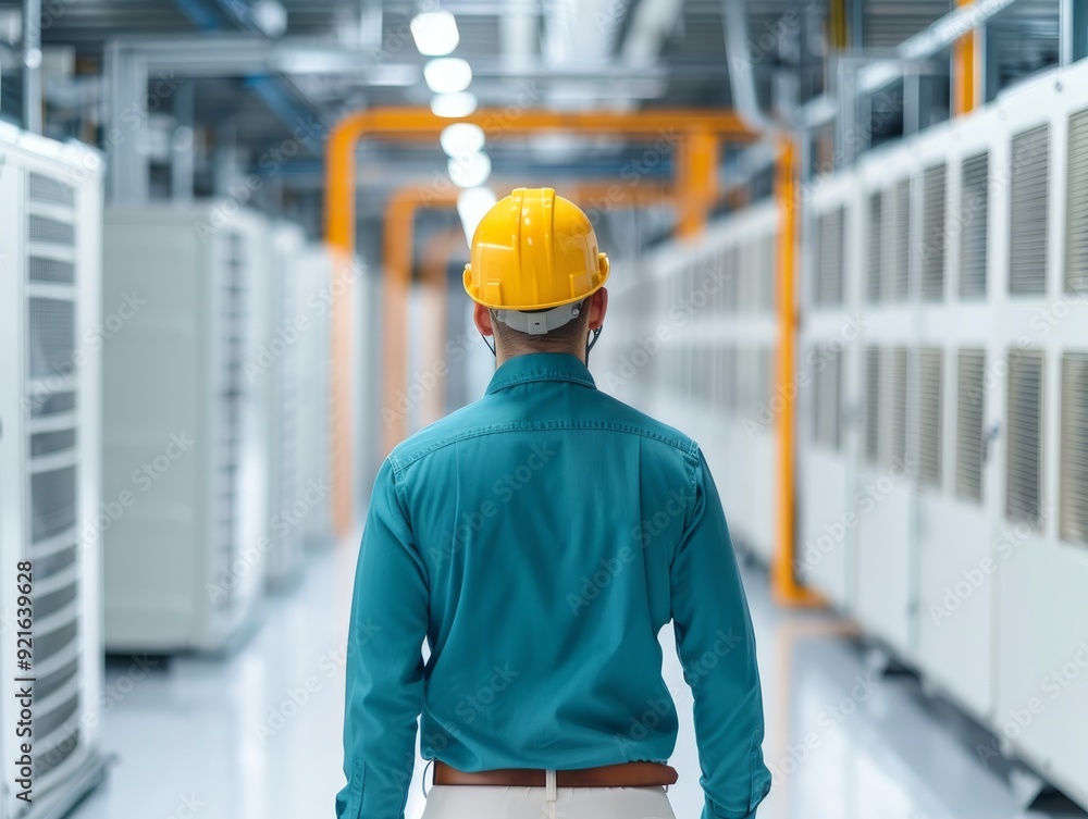 Poster worker in safety helmet walking through modern data center with server racks. focus on infrastructur