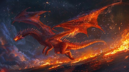 A fierce red dragon with large, fiery wings is shown mid-roar