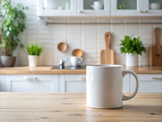 Obraz premium Blank mock up white ceramic mug cup coffee shop barista kitchen props indoor lighting