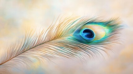 Obraz premium Single peacock feather with eye isolated on soft background