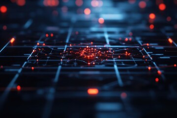 A stylized 3D graph features an intricate network pattern with axis labels floating within a translucent grid. 