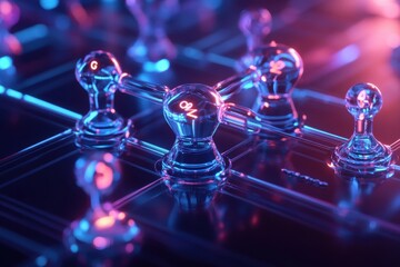 A stylized 3D graph features an intricate network pattern with axis labels floating within a translucent grid. 