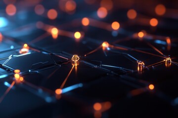 A stylized 3D graph features an intricate network pattern with axis labels floating within a translucent grid. 