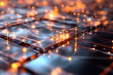 A stylized 3D graph features an intricate network pattern with axis labels floating within a translucent grid. 