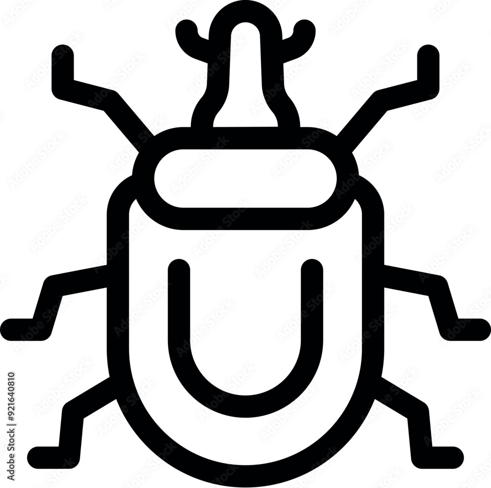 Poster simple bold outline icon of a big bug with many legs, representing a computer virus entering a syste