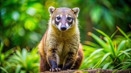 Fototapeta premium Photograph of a curious coati in its natural habitat , coati, wildlife, nature, wild, mammal, animal, tropics, forest