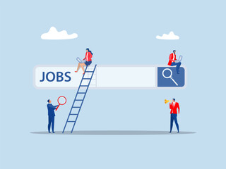 Looking for a new job. businessman climb up ladder of job search bar via computer  looks at job opportunities, seek for vacancy or work position conceptVector 