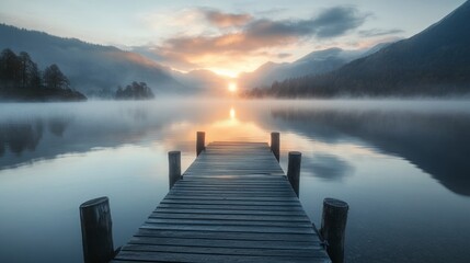 Misty Lake Sunrise with a Wooden Dock