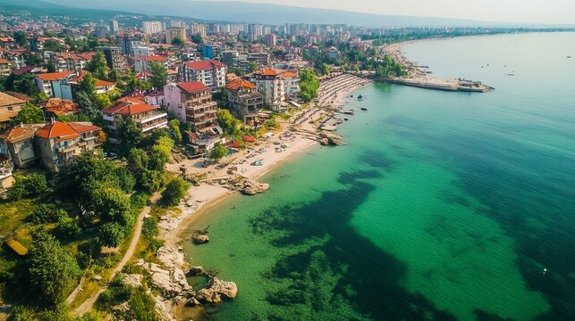 An aerial view of Primorsko, Bulgaria, showcasing the picturesque coastal town from above.