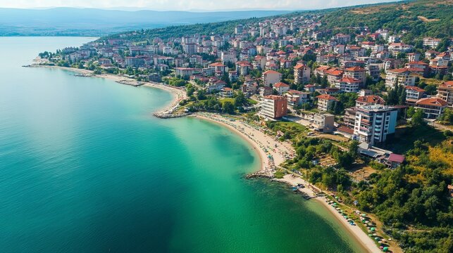 An aerial view of Primorsko, Bulgaria, showcasing the picturesque coastal town from above.