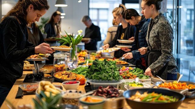 Group members prepare various colorful dishes using fresh ingredients in a lively cooking class