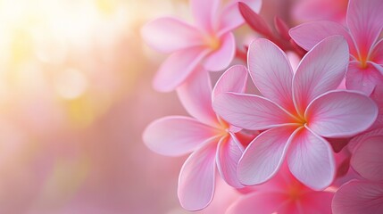 Fototapeta premium Blossoming pink Frangipani flowers against a bright, colorful spring background.