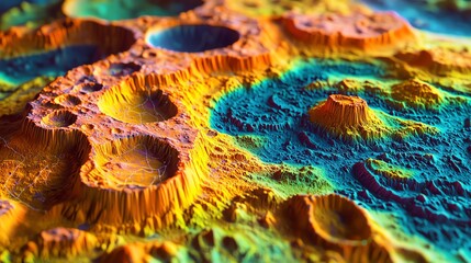 Obraz premium A vibrant poster on planetary geology, featuring surface maps of Mars and the Moon, with detailed terrain data