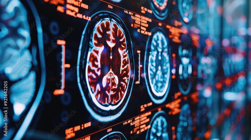 Poster brain scans displayed on multiple monitors, showing detailed mri images with vivid colors