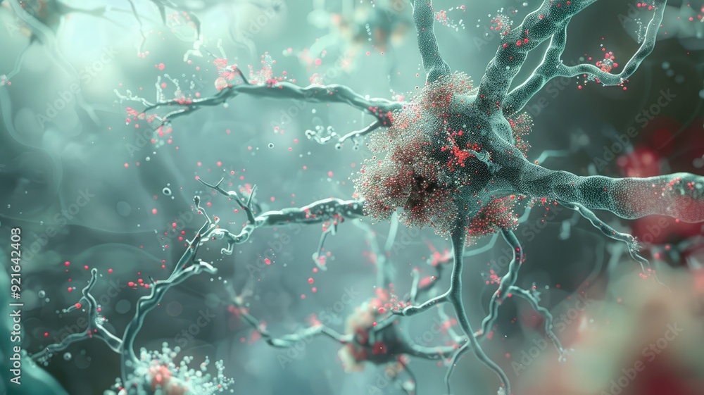 Poster close-up of neurons with glowing synapses, showcasing complex neural network, highlighting brain act