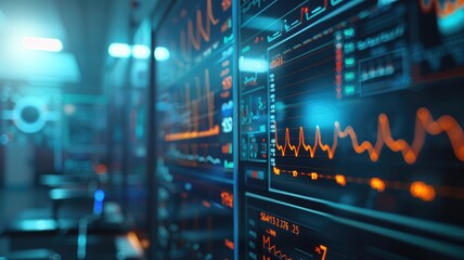 Naklejka premium Server room displaying data analytics and monitoring screens
