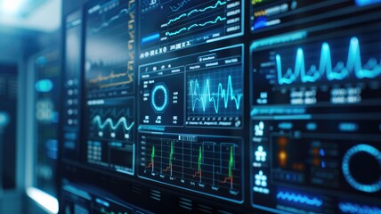 Obraz premium Digital screens displaying various data analytics in modern interface